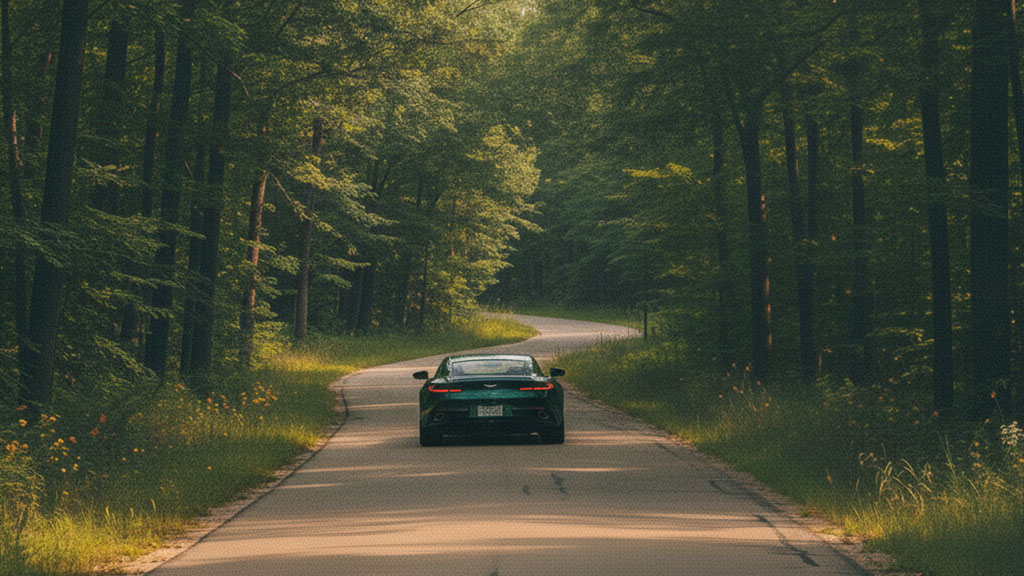 Rear view of a dark green luxury sports car driving on a winding road through a dense forest at dusk.