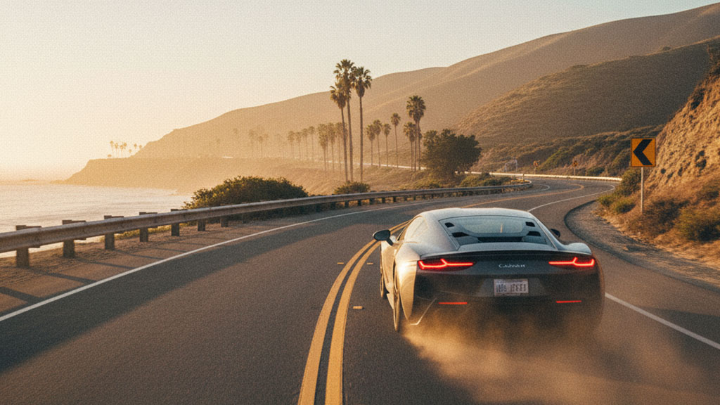 Rear view of a dark sports car driving on a winding coastal highway at sunset, with palm trees and ocean.