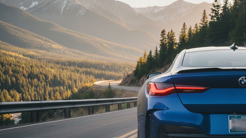 Rear view of a blue BMW sports car driving on a scenic mountain road during golden hour, with pine forests.