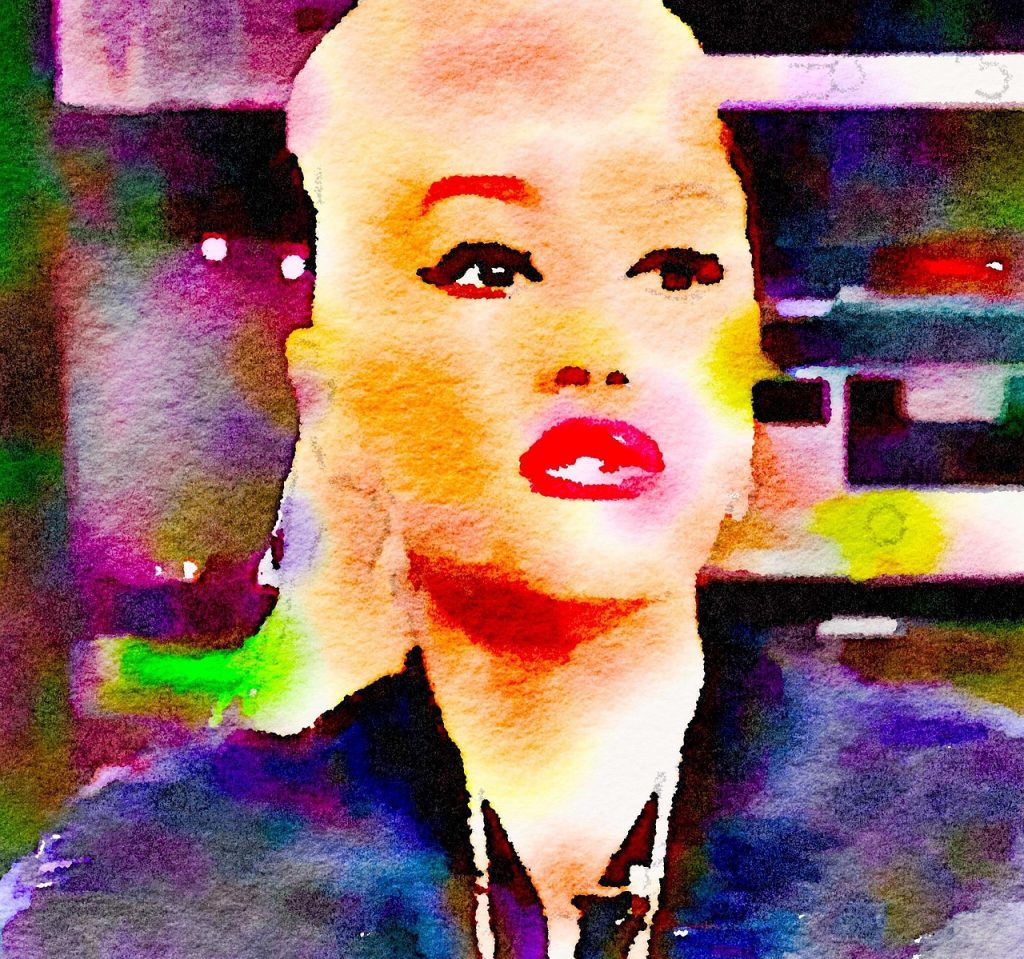 The image appears to be a watercolor-style digital painting of a person with bright red lips and expressive eyes, set against a colorful, abstract background.