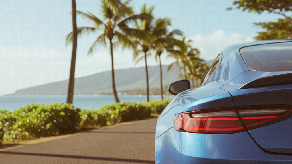 Rear view of a blue sports car parked on a scenic coastal road with palm trees, ocean, and mountains in the background, bathed in warm sunlight.