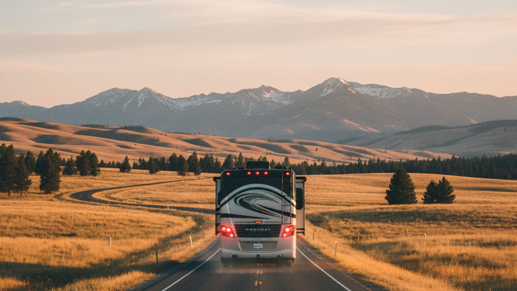 Rear view of a large white and black RV traveling on a winding rural road through golden fields towards snow-capped mountains under a clear sky at sunset.