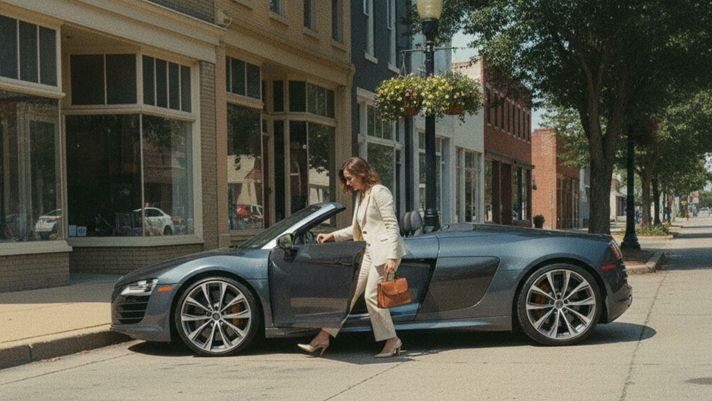 A stylish woman in a light suit and high heels steps out of a dark gray convertible sports car parked on a sunny urban street in front of historic brick buildings.