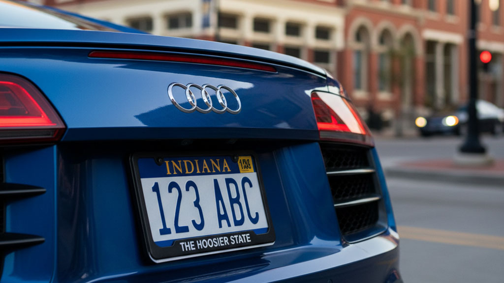 Close-up rear view of a blue Audi sports car showing an Indiana license plate "123 ABC" and its taillights, with a blurred cityscape in the background.