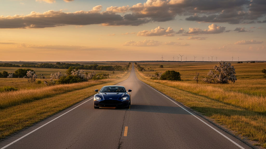A luxurious dark blue Aston Martin sports car drives down a long, empty rural road at sunset, with golden fields on either side and wind turbines visible in the distant horizon under a partly cloudy sky.