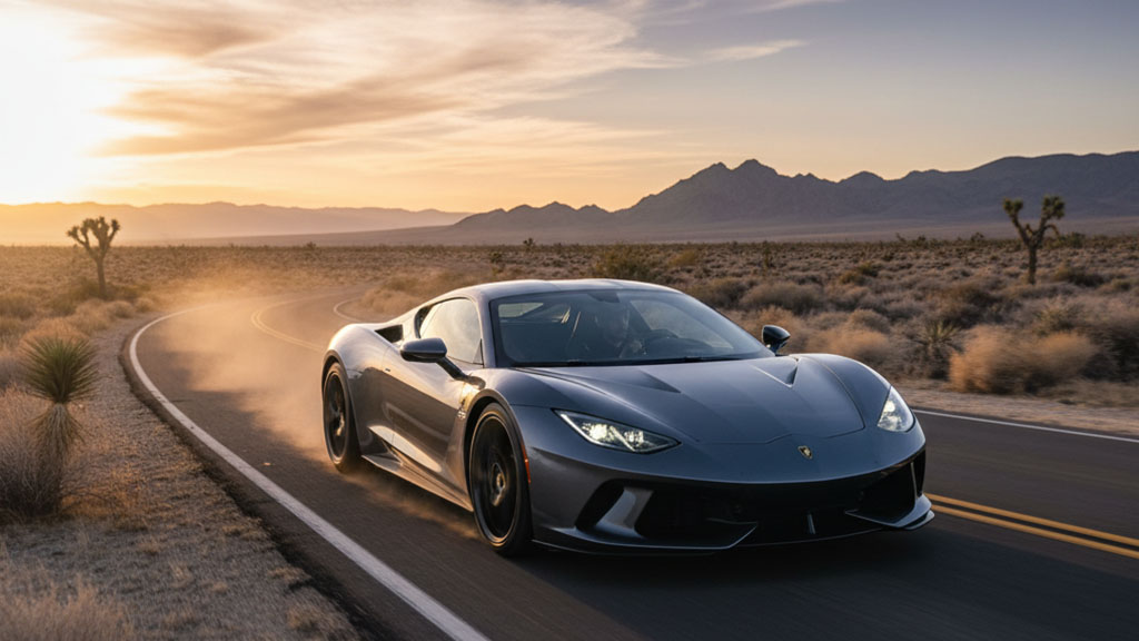 A sleek, grey supercar is speeding around a curve on a desert highway at sunset, kicking up dust. Joshua trees and arid brush line the road, with rugged mountains visible in the distance under a warm, glowing sky.