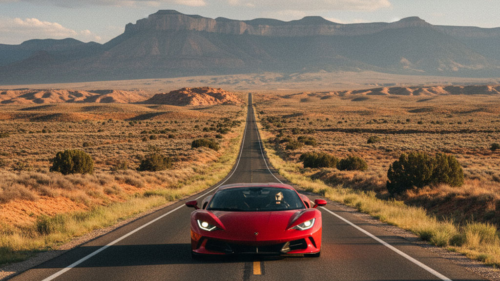 A vibrant red supercar drives directly towards the viewer on a long, straight desert highway, stretching into the distance. Arid brush and small hills line the road, with large, flat-topped mountains under a clear sky in the far background.