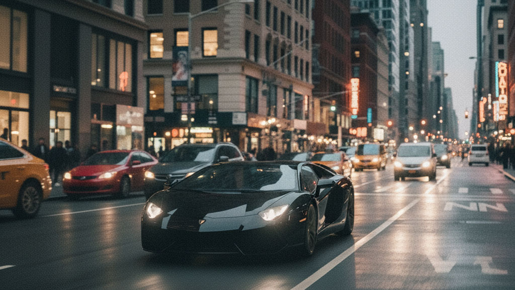 A sleek black Lamborghini supercar drives on a busy city street in the evening or at dusk, surrounded by other vehicles and pedestrians. Tall buildings with illuminated windows and streetlights line the urban environment.