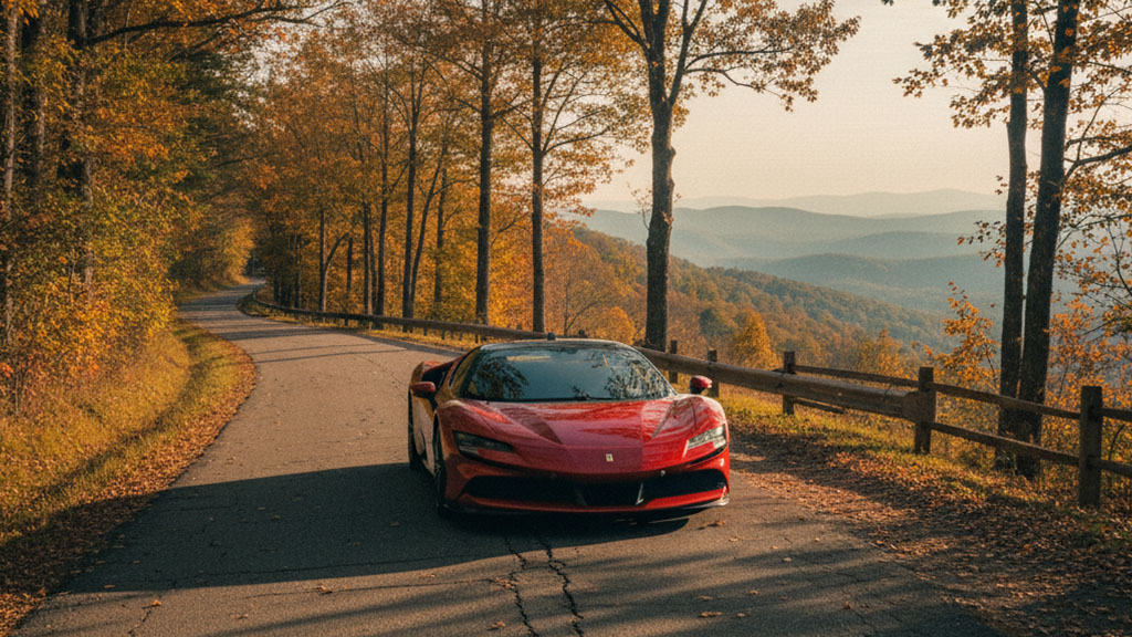 Red Ferrari SF90 Stradale driving on a winding road through a North Carolina forest in autumn with Blue Ridge Mountains in the background.