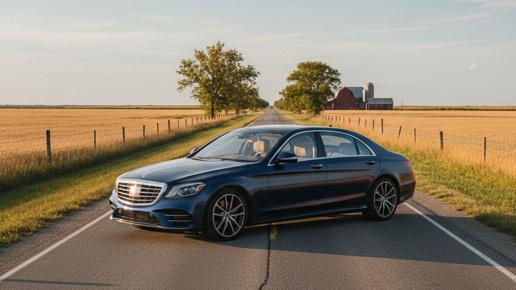 Dark blue Mercedes-Benz S-Class sedan driving on a straight two-lane road through a North Dakota golden wheat field with a red barn in the distance.