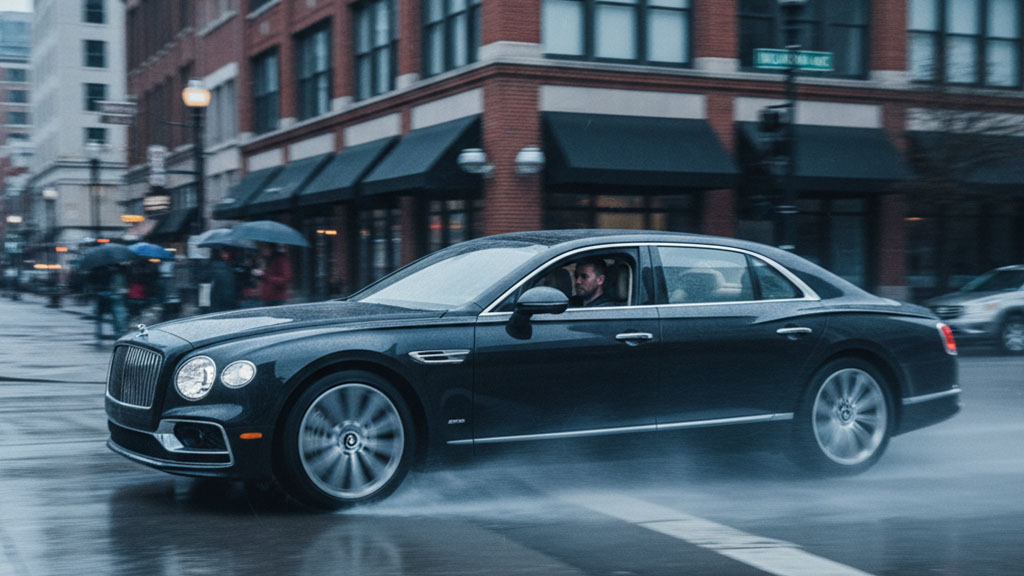 Dark blue Bentley Flying Spur driving through a puddle on a wet city street, with motion blur and downtown buildings in the background.