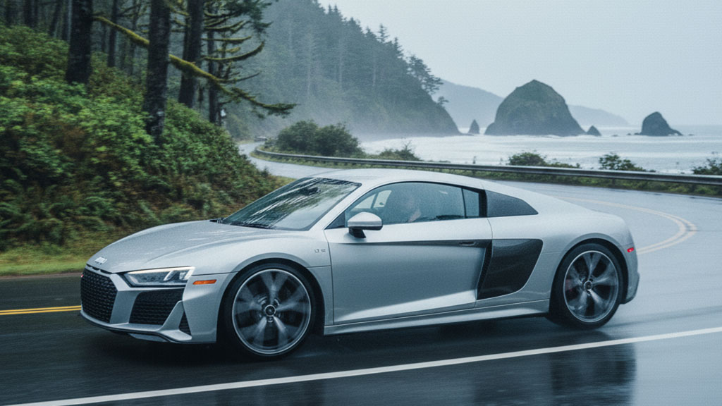 Silver Audi R8 sports car driving on a wet, winding coastal highway with dense green forests and rugged sea stacks in the background on a moody day.