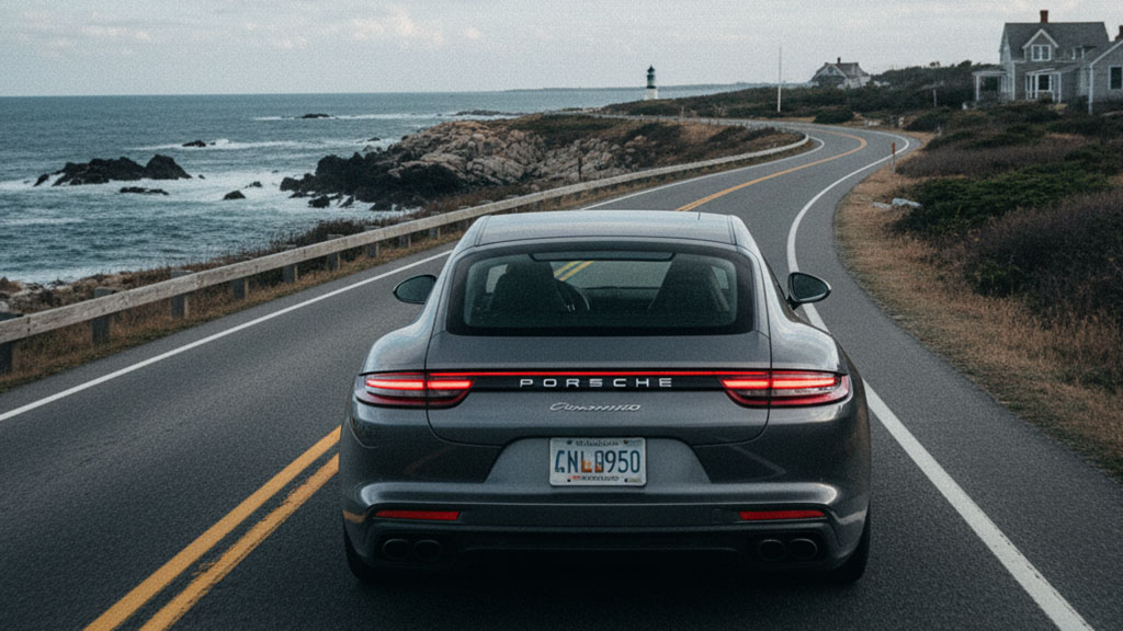 Rear view of a grey Porsche Panamera driving on a winding coastal road in Rhode Island, with the ocean, rocky shore, and a distant lighthouse.