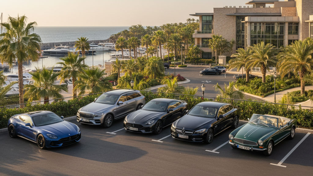 Luxury car collection parked at a high-end resort overlooking a marina filled with yachts and palm trees during golden hour.