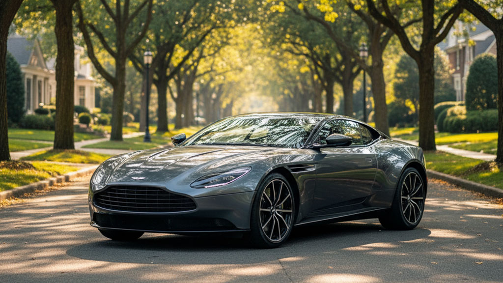 A sleek, dark grey Aston Martin sports car is parked on an empty residential street lined with mature trees forming a lush green canopy, with elegant houses visible in the background under dappled sunlight.
