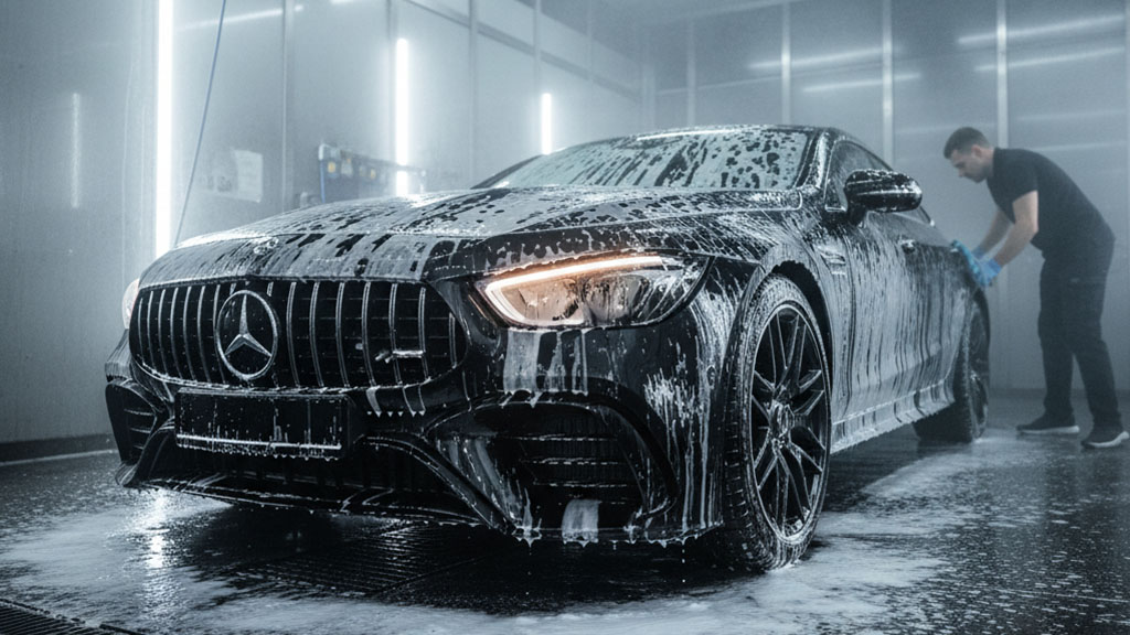 Black Mercedes-AMG GT 4-Door Coupe being hand-washed with soap at a car wash.