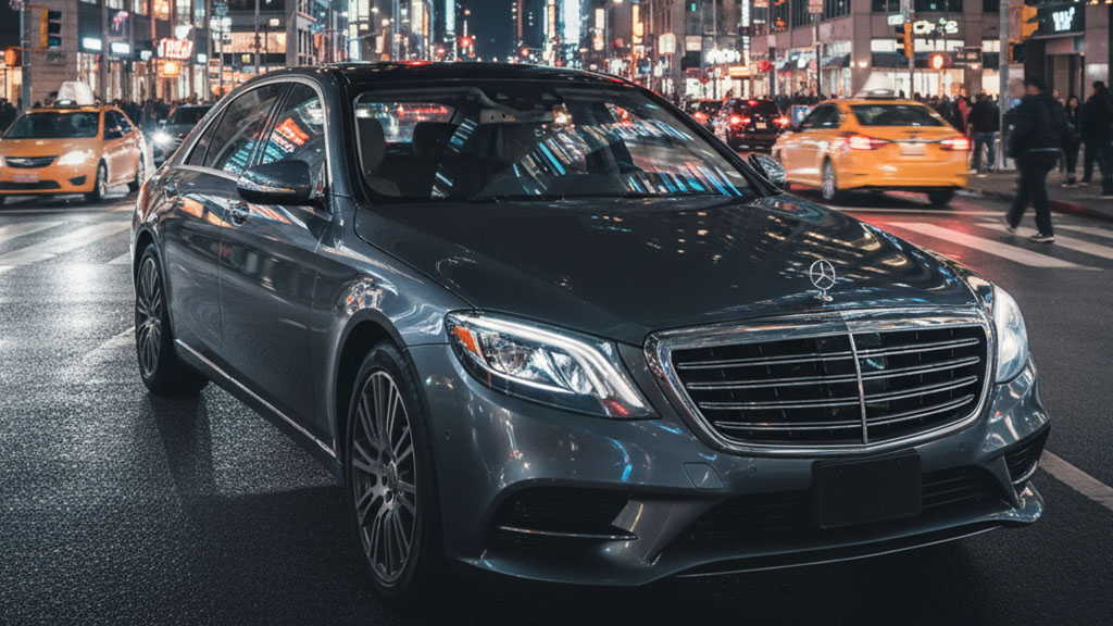 Grey Mercedes-Benz S-Class sedan driving on a busy city street at night with bright lights and yellow cabs.