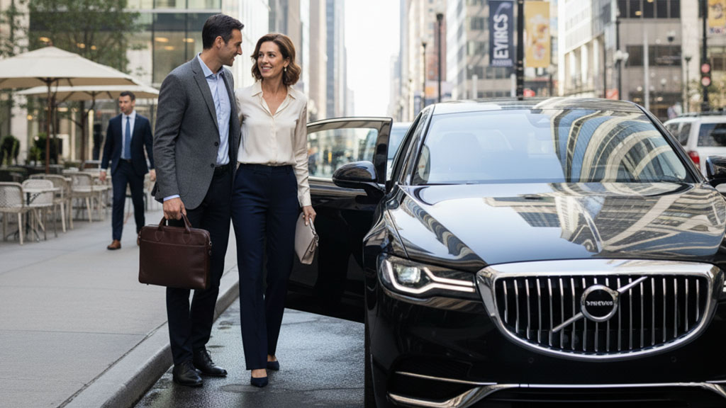 A well-dressed couple, a man holding a briefcase and a woman in business attire, walk towards an open door of a sleek black Volvo sedan parked on a city street, with an outdoor cafe and office buildings in the background.