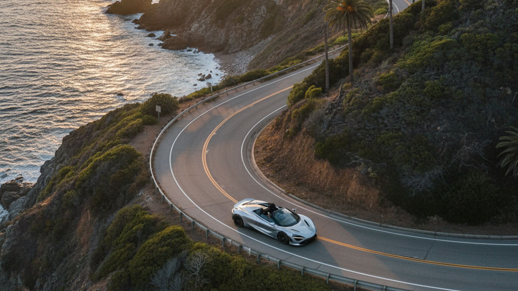 Aerial view of a silver McLaren 720S convertible driving along a winding coastal highway overlooking the Pacific Ocean at sunset, surrounded by lush cliffs.