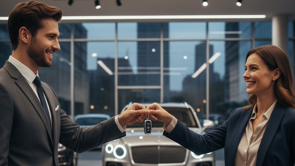 A smiling car salesman in a suit hands car keys to an equally happy female customer in a professional outfit, with new luxury cars visible in the background of a modern dealership showroom.