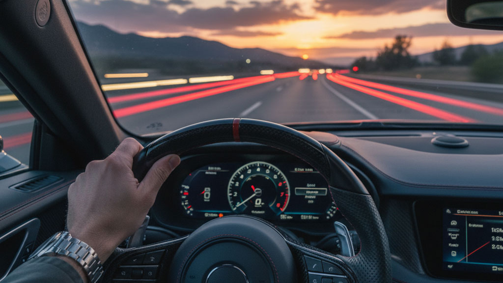 A driver's hands are on the steering wheel of a modern car, with the digital dashboard visible, while driving on a highway at dusk or night. The road ahead shows long streaks of red taillights from other vehicles, and mountains are faintly visible against the colorful sunset sky.