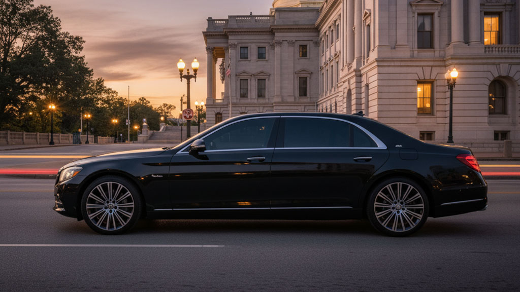 Black Mercedes-Benz S-Class sedan parked on a city street in front of a classical building at dusk.