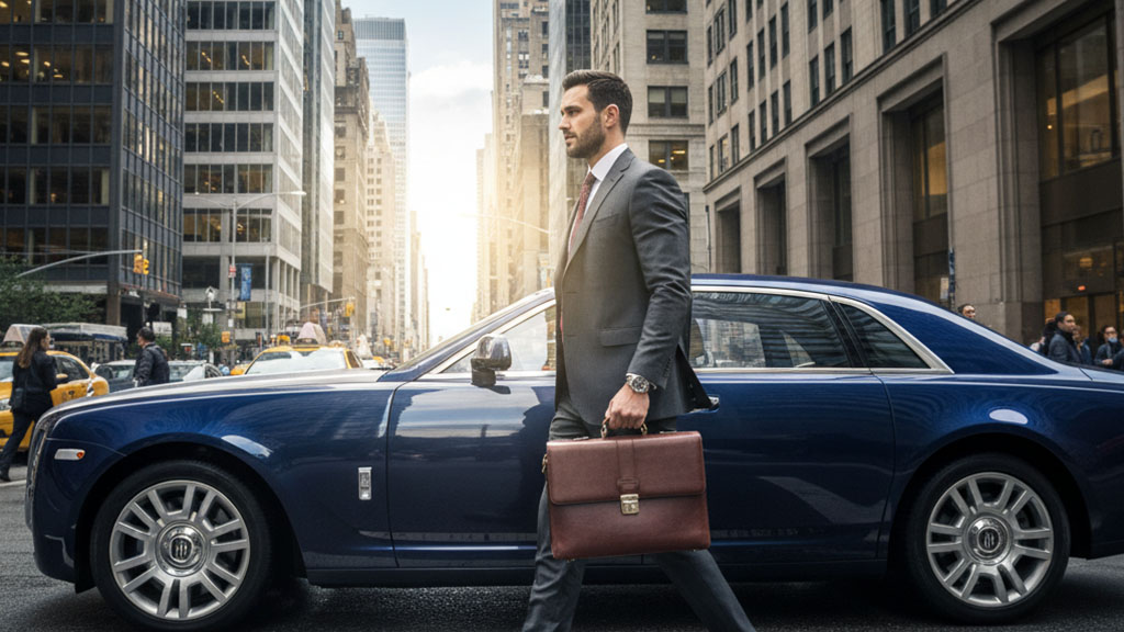 Well-dressed businessman carrying a briefcase walking past a blue luxury car (Rolls-Royce Ghost) on a busy city street.
