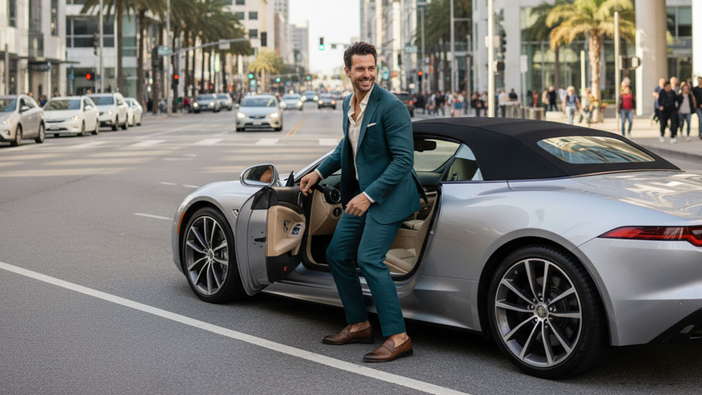 Smiling man in a teal suit getting out of a silver Jaguar F-Type convertible on a busy city street with palm trees and pedestrians.