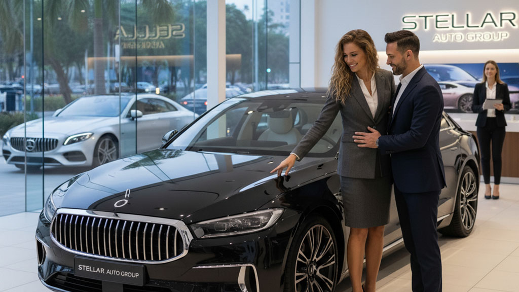 Happy couple looking at a new black luxury sedan in a modern car dealership showroom with "Stellar Auto Group" branding.