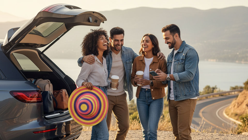 Four happy friends laughing together on a scenic road trip, standing by an open car trunk filled with luggage, overlooking a winding road and lake at sunset.