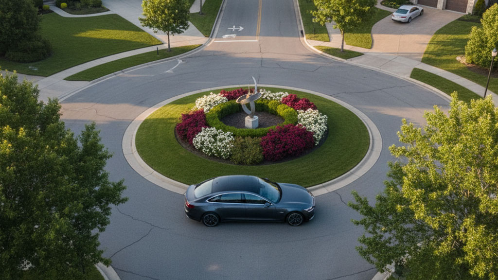 An aerial view of a grey luxury sedan driving through a manicured suburban roundabout featuring a central flower bed with white and purple blooms, green grass, and a modern sculpture, surrounded by tree-lined streets and houses.