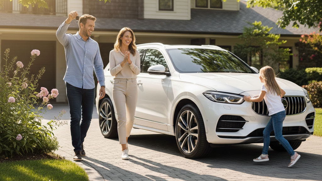 A happy family, a smiling man holding up car keys, a clapping woman, and a young girl touching a new white SUV, are celebrating their new vehicle in the driveway of their suburban home on a sunny day.