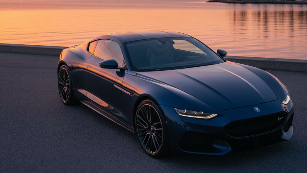 Sleek dark blue sports car with intricate wheel design parked by a calm body of water at sunset, reflecting the orange sky.