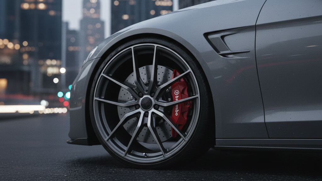 Close-up of a luxury car's front wheel with multi-spoke rims and red Brembo brake calipers, on a wet city street with blurred urban lights in the background.