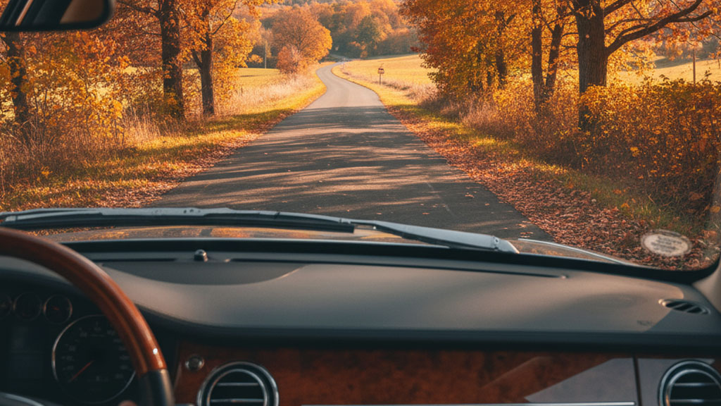 Driver's view from inside a luxury car with a wood-grain dashboard, looking down a narrow, leaf-covered road through a vibrant autumn forest.