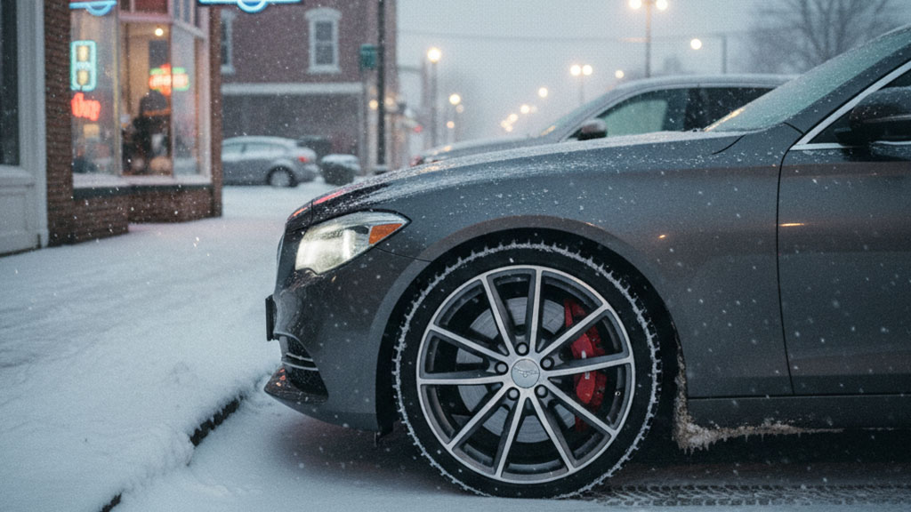 Close-up of a gray luxury car's front wheel with red brake calipers, parked on a snow-covered street during winter, with blurred city lights in the background.