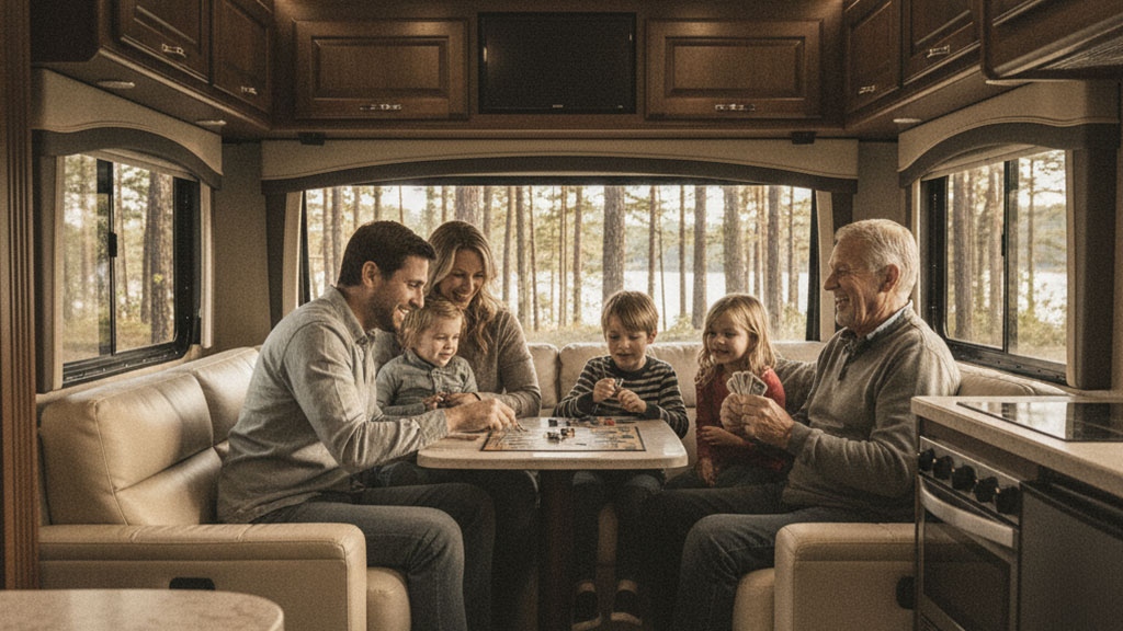 Multi-generational family playing board games and cards inside a cozy RV with large windows showing a forest view.