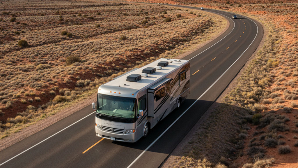 An aerial view of a large Class A motorhome driving on a winding desert highway, surrounded by arid landscape and distant hills under a clear sky.