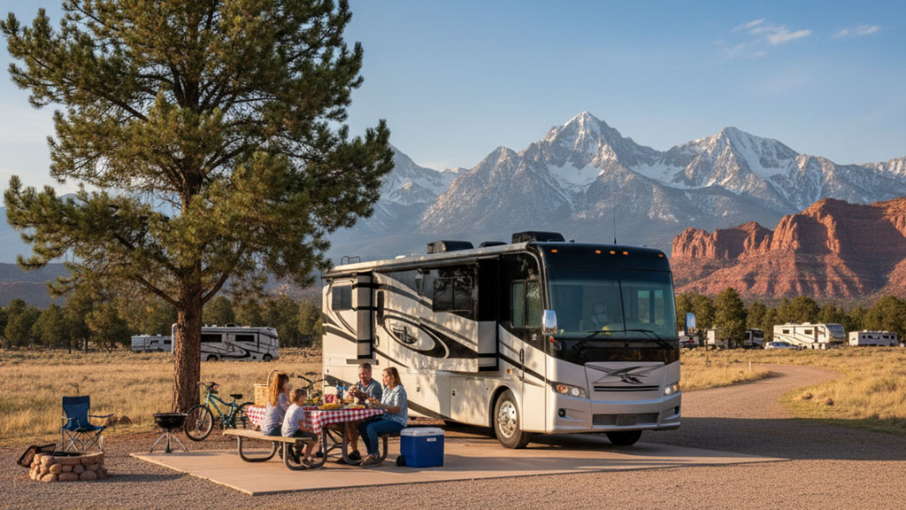 Family enjoying a picnic outside their large luxury RV at a campsite with stunning views of snow-capped mountains and red rock formations in the background, perfect for a scenic outdoor adventure.