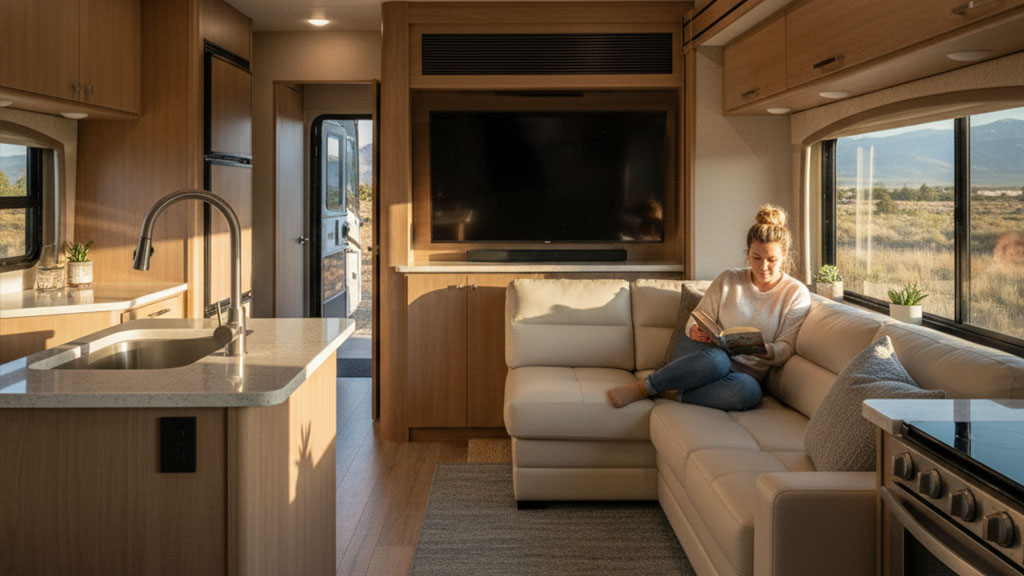 Woman relaxing on a comfortable L-shaped sofa in a modern RV interior, reading a book with large windows showcasing a scenic desert landscape outside, perfect for mobile living and travel.