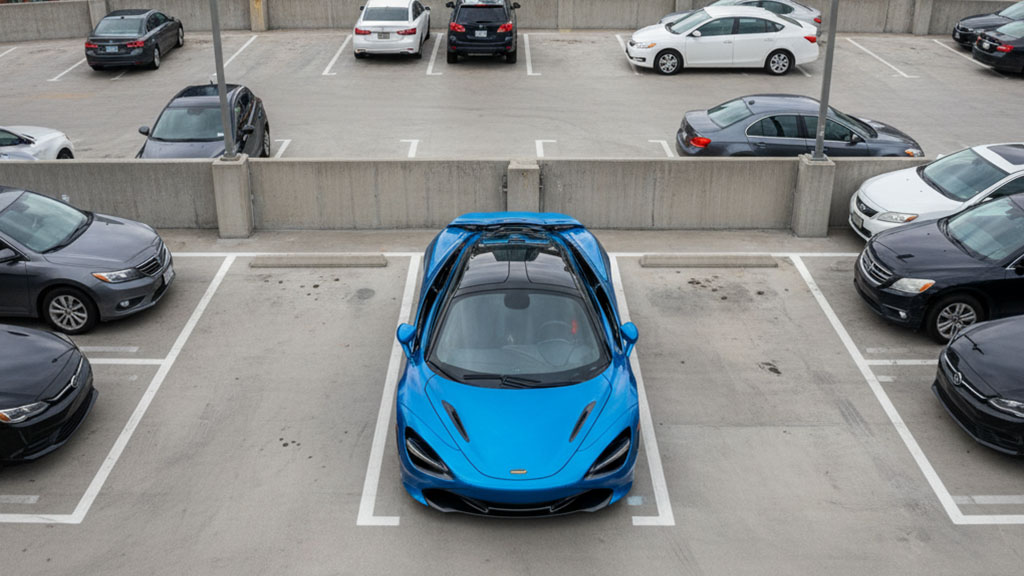 Overhead view of a vibrant blue McLaren 720S convertible sports car prominently parked in a parking garage space, surrounded by various other cars.