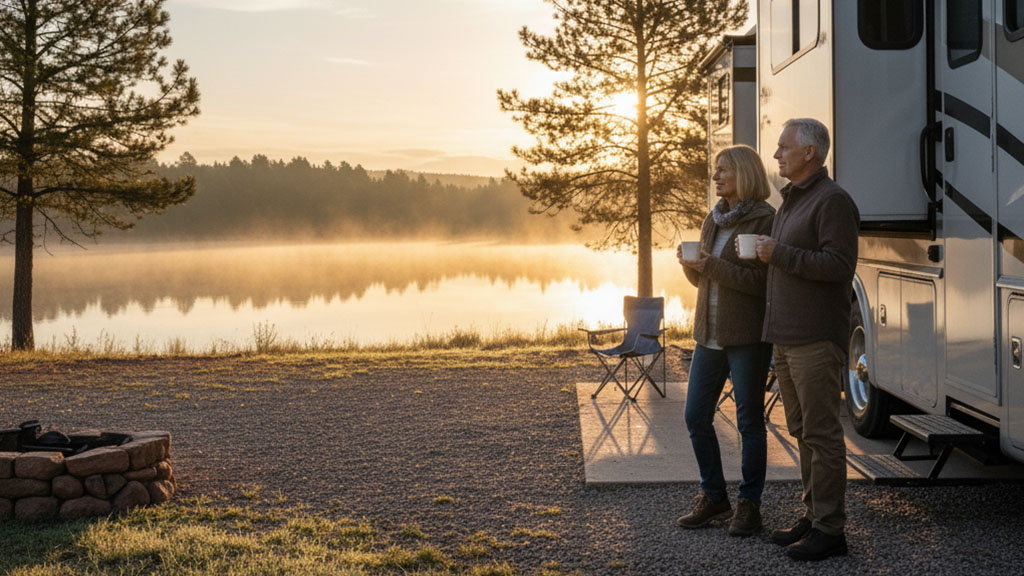 A middle-aged couple standing outside their RV, holding coffee mugs, and admiring a serene misty lake at sunrise with pine trees and a fire pit in the foreground.