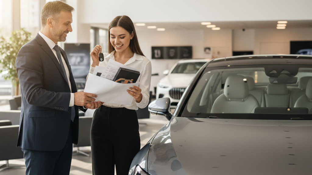 Happy woman receiving new car keys and documents from a smiling car salesman at a modern dealership, symbolizing successful vehicle purchase and customer satisfaction.