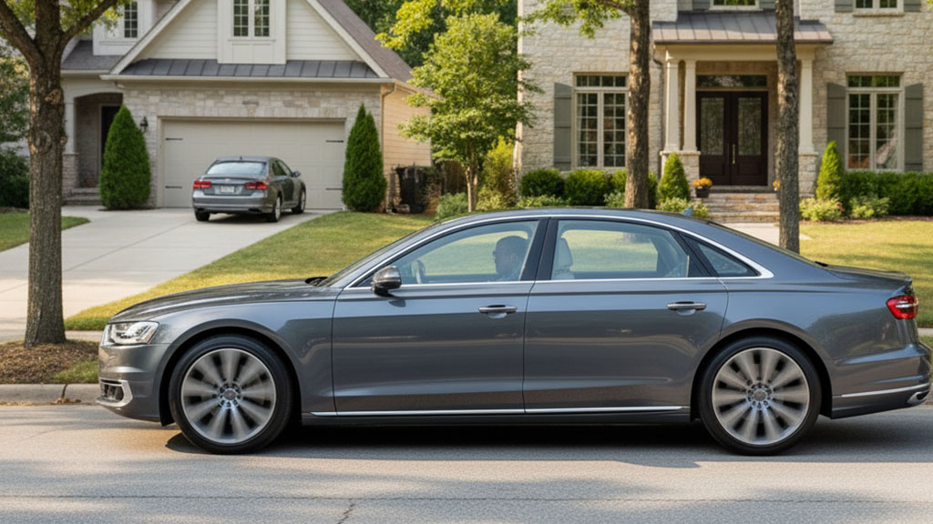 Side profile of a dark gray luxury sedan parked on a suburban street in front of a large, traditional style house with a second car in the driveway.