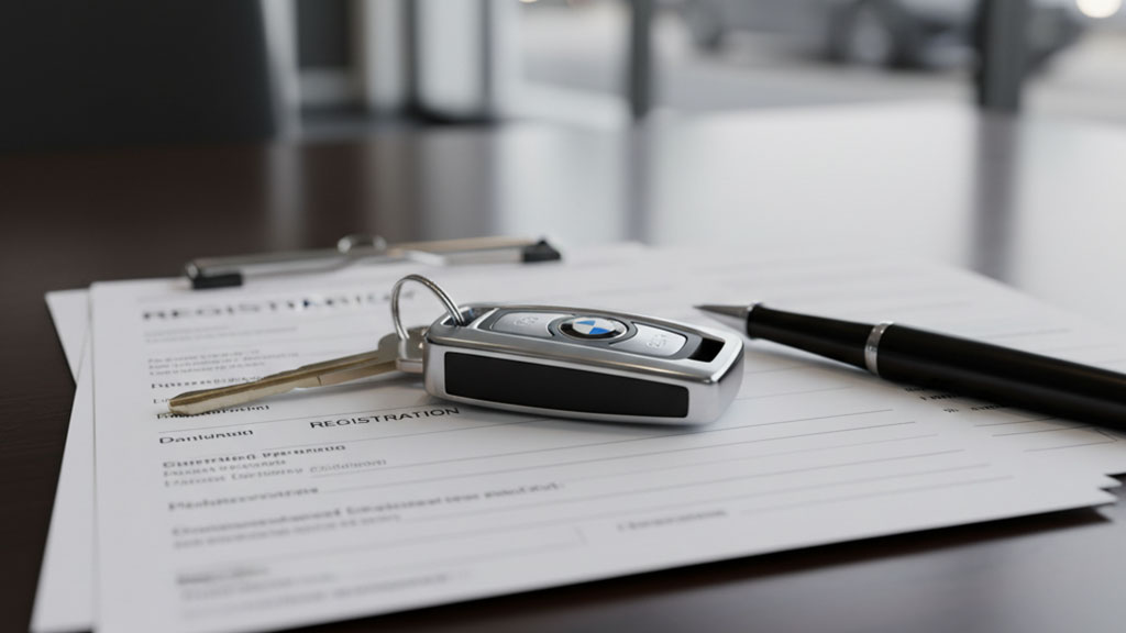 Close-up of BMW car keys and a pen resting on vehicle registration documents, suggesting a car purchase, rental, or administrative process.