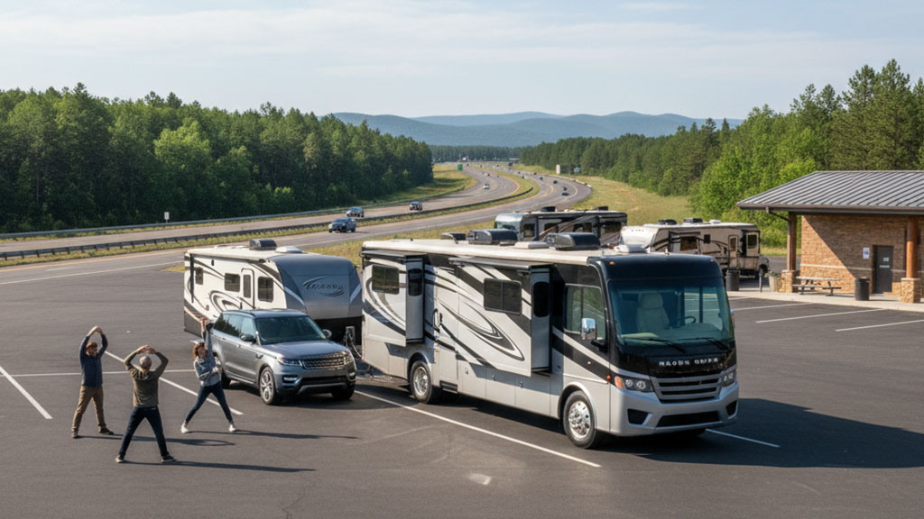 A family stretching and doing exercises in a large RV parking lot at a rest stop, with an RV, a travel trailer, an SUV, and other vehicles parked, and a highway and forested mountains in the background.