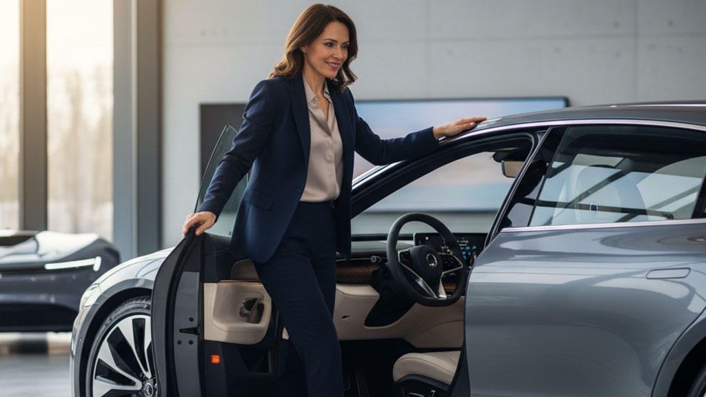 A smiling businesswoman in a navy suit stepping into a modern gray car in a bright showroom, looking towards the driver's seat.