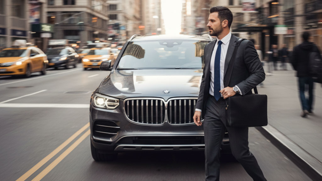 Confident businessman in a suit carrying a briefcase, crossing a busy city street with a dark luxury SUV and yellow taxis in motion in the background, depicting urban professional life.