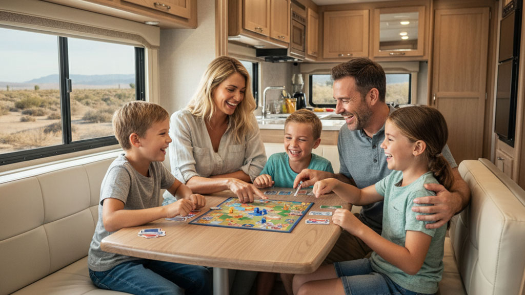 A happy family of four, including two parents and two children, playing a board game together inside a modern RV with a desert landscape visible outside the window.