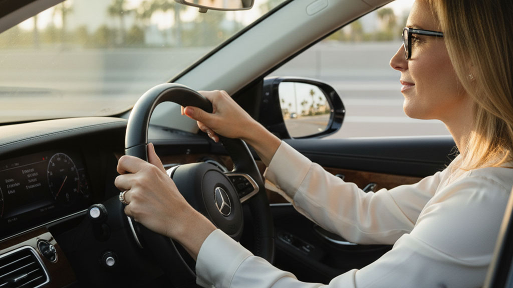 Side profile of a focused woman with glasses driving a luxury car, with her hands on the steering wheel and a blurred urban background visible through the window.